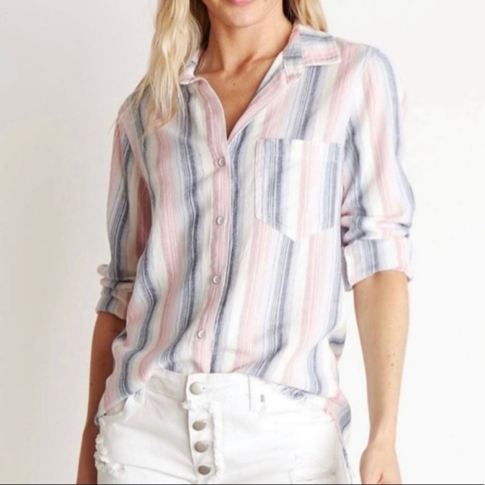 Bella Dahl Linen Blend Frayed Hem Button Down Stripe Blouse